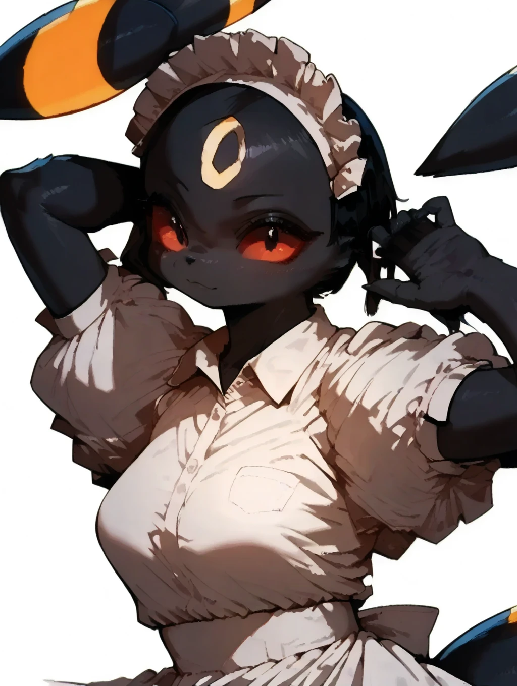 alone, score_9,score_8_up,score_7_up, an anthro furry female umbreon girl, black sclera, white eyes, wearing maid dress, angry, middle finger.