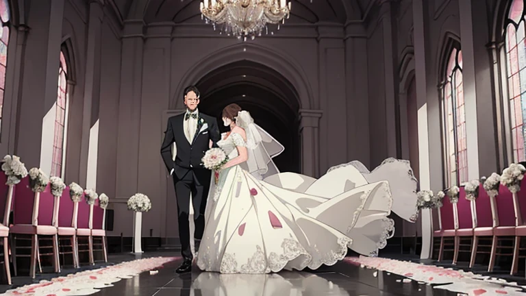 ((Highest quality)), ((masterpiece)), (detailed), （Perfect Face）、The woman is Reika Aoki, the wife of a mafia boss, with medium-long black hair and an engagement ring.、At a luxurious wedding hall, a woman is wearing a gorgeous wedding dress and happily walking down the red carpet aisle with a mafia boss man, having a luxurious mafia wedding.