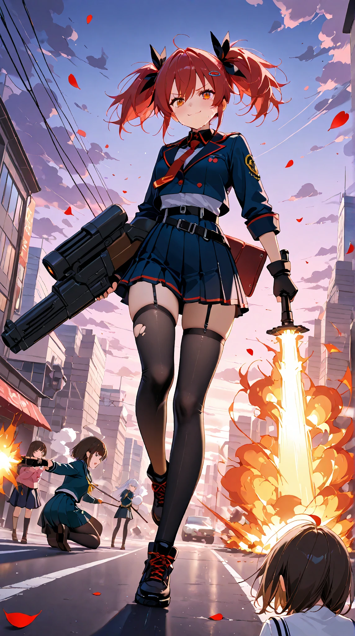 masterpiece、highest quality、Ultra-high resolution、Maximum resolution、Very detailed、Professional Lighting、anime、woman、thin、so beautiful、high school girl、blazer、Has a submachine gun、Mischievous、Reddish brown hair、Short Hair、Earrings、Fingerless Gloves、Beautiful eyes、Gloss Lip、Tactical Boots、Equipped with transparent orange shooting glasses、Equipped with a chest rig、Standing alone on the battlefield、Aggressive pose