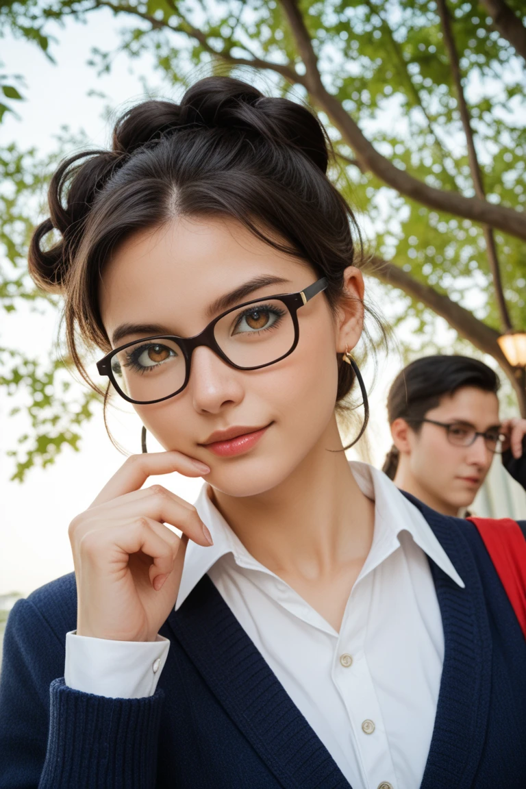 A psycho intelligent and wearing white shirt and black pants black tie with specs waiting outside the college