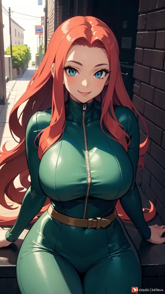 uzumaki_kushina,massive large_breasts, large thighs,large_ass, solo, green shirt,shirt up,navel, ponytail,tight dress, short skirts, masterpiece, best quality, detailed face, detailed eyes, highres, (masterpiece:1.4, best quality:1.2), (Highres), (Detailed Illustration), Ultra-Detailed, konohagakure, spread leg,looking in front, smiling playfully with a mischievous glint in the eyes
