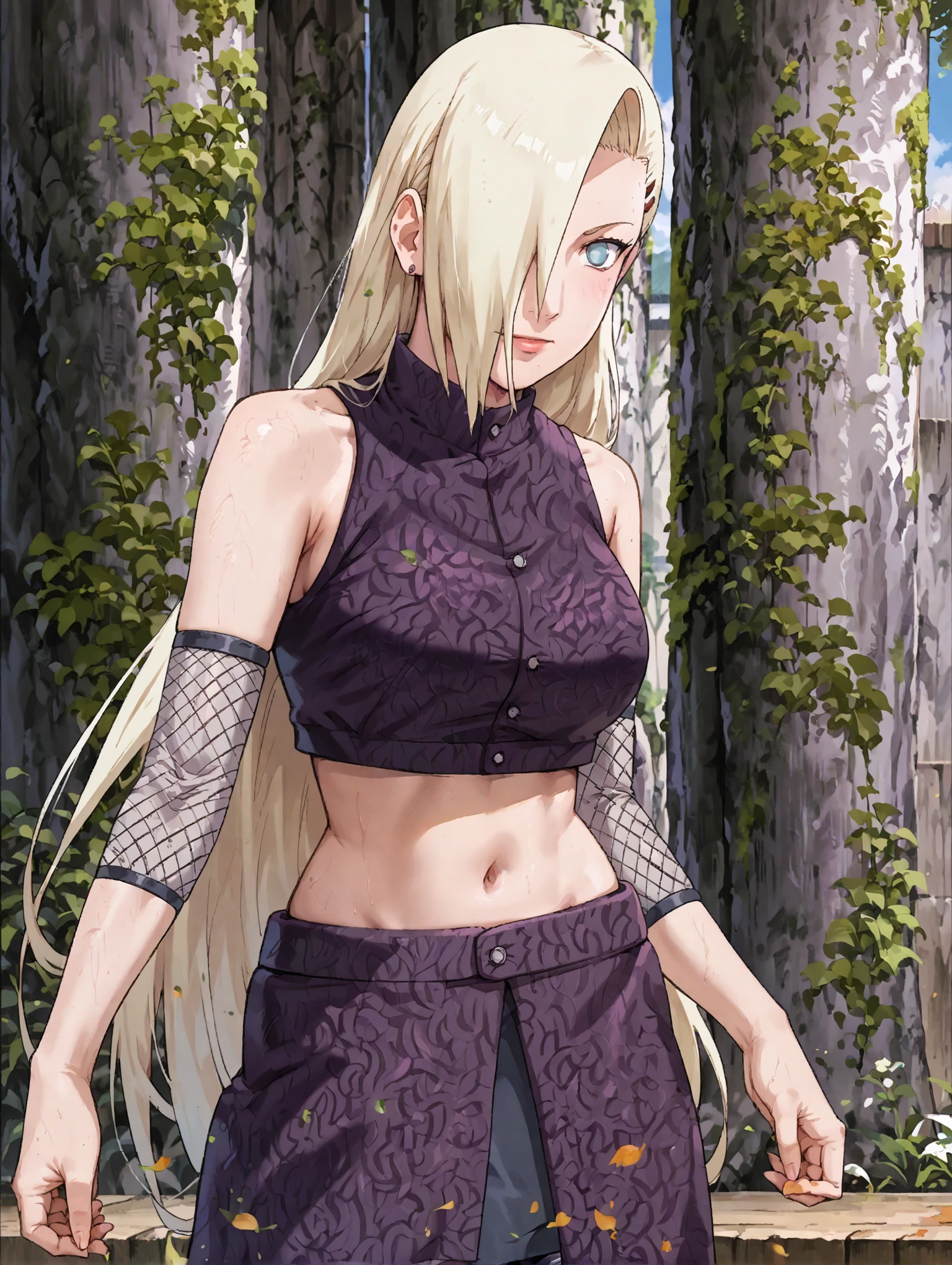 1female, long hair, yellow hair, blue eyes, beautiful detailed eyes, beautiful smile, realistic purple clothes, ultra-detailed clothing textures, city background with realistic details, realistic lighting, high-res image quality, anime style