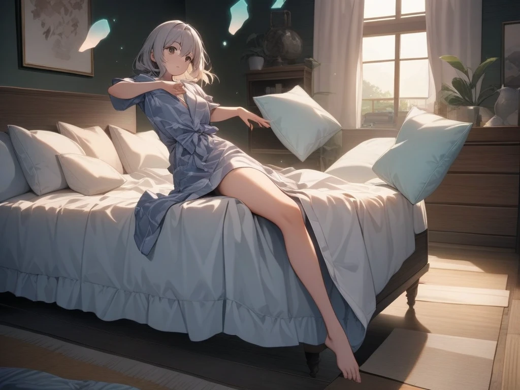 Small breasts,Silver Hair,bed,dress,pumps