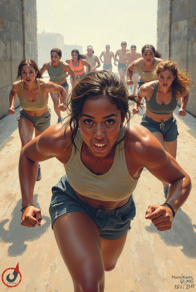There are many girls running in a race without shirts.., running towards the camera, of a schoolgirl posing, latinas, running towards the camera, femenine body, Carla Ortiz, in the high school gym, soft in the background, stunning beautiful, running fast towards the camera, latina, inspired by Vanessa Beecroft, high school