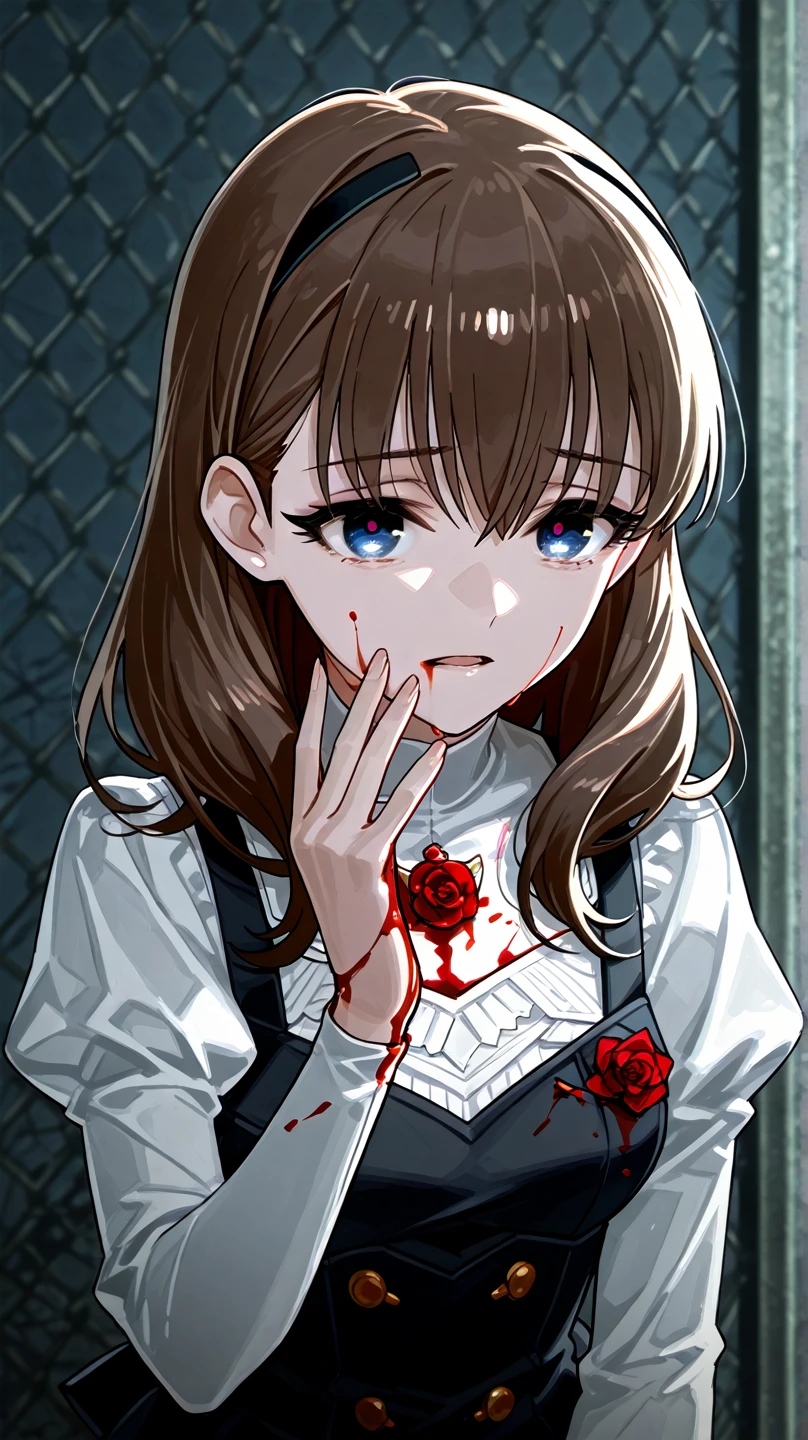 Top quality, very delicate and beautiful, girl, , (dark brown hair), blue clothes with vertical buttons, belt at the waist, white skirt, (ponytail)), (white hair band), (brown boots), blue eyes, standing, smiling, (a lot of blood back on clothes), strange eyes, (bloody), dark falling, (clothes bloody)