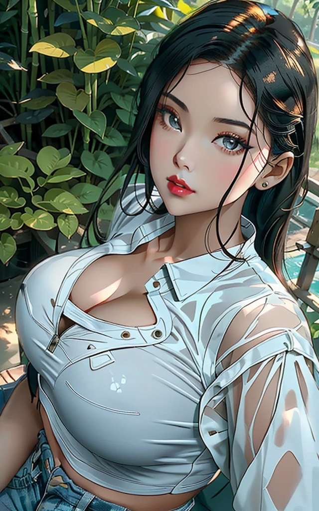 8K, RAW photo, Photorealistic: 1.25), (Gloss on lips, eyeslashes, Glossy face, Glossy glossy skin, Best quality, 超高分辨率, Depth of field, color difference, Caustics, Moisturized lips, Ultra-trimmed face, Radiant fine eyes, Black hair, Semi-long, Fashionab, Skinny knit dress, sheer