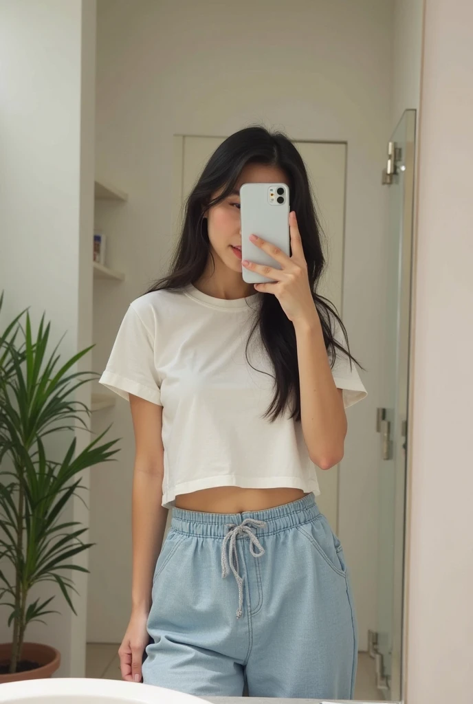 (photorealism:1.2), indian girl, brown body, long black straight hair, perky breasts, teen body, taking mirror selfie, sides of mirror not visible, iphone 15, phone covers face, face hidden, phone vertical, front facing, standing, standing confidently, full body from head to toes, room, black wardrobe without any design in the background, wardrobe door closed, wardrobe kept parallel to mirror, sides of wardrobe not visible, dark room, spotlight from top, grey loose cotton shorts, maroon tshirt, right hand holding phone covering face, left hand pulling tshirt up showing white bra
