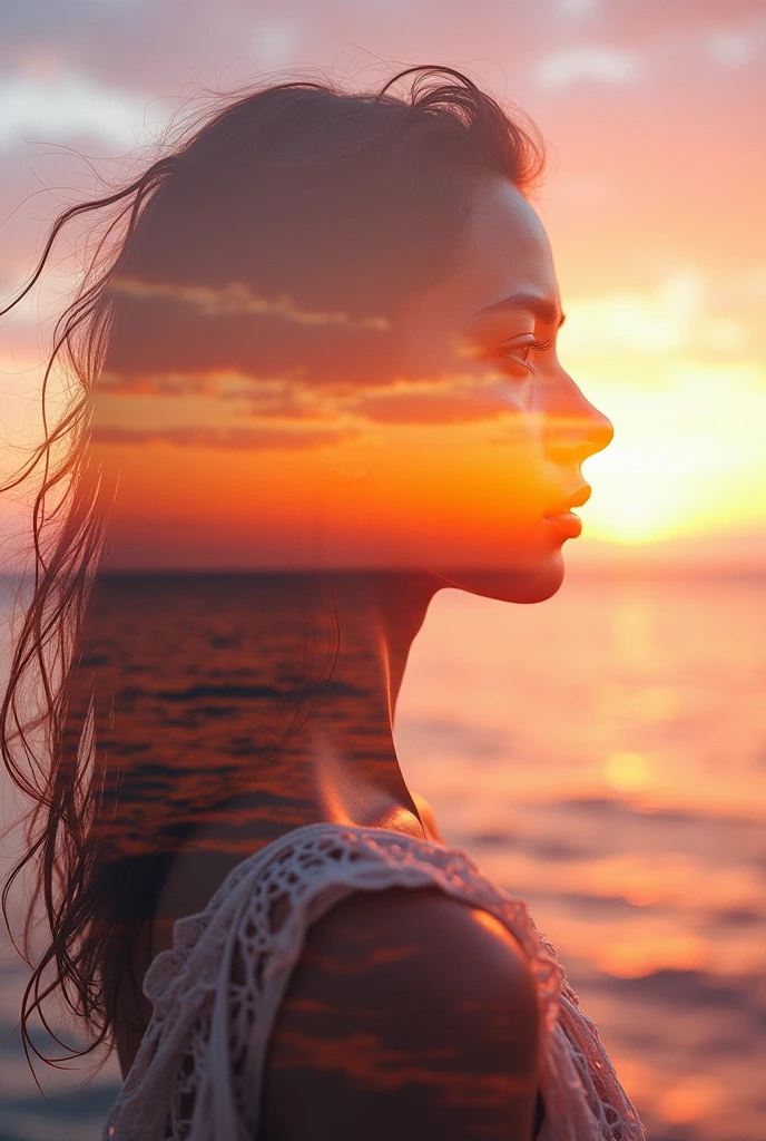 high quality, 8K Ultra HD, A beautiful double exposure that combines an goddess silhouette with sunset coast, sunset coast should serve as the underlying backdrop, with its details incorporated into the goddess , crisp lines, The background is monochrome, sharp focus, double exposure, awesome full color