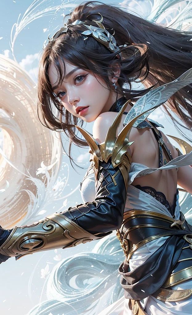 (Extremely-detailed, trending on Artstation, sharp focus, intricate details, highly detailed), (masterpiece:1.4), (best quality:1.4), depth of field, chromatic aberration, 3d animated cartoon, vibrant, colorful, Ink, Perfect Anatomy, (Dynamic pose:1.2), 1 girl, solo, brunette hair, Shoulder-Length Hair, Coarse Hair, Shoulder-Length Curls, wavy hair, black eyes, fine eyes, small breasts, collarbone, long sleeves, white crop top, frilled skirt, fingerless gloves,full body, smiling, arched back, attractive curves, slender athletic body