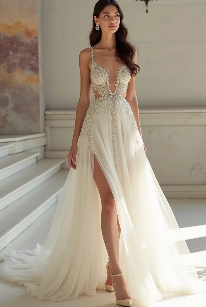 full body, full shot,photorealism, in detail and in detail an extremely beautiful slender sexy bride in a cream wedding dress with intricate lace patterns and a beautiful long veil with intricate patterns stands in partial shade among the columns of a beautiful building. on the face and body, the bride holds the wedding dress with her hands, the pose is beautiful sexy C-shaped stilettos of cream color with intricate patterns, the bride's face is European, perfectly beautiful proportions are neat facial features, the eyes are bright green-blue eyelashes are long and fluffy, the bride's physique is slender and graceful, her legs are graceful and longer than the body in proportion, graceful hands in precious jewelry, on the head of the bride there is a wedding tiara with beautiful diamonds, natural detailed skin, pore skin, skin natural shine, skin color is perfect, cheeks are slightly ruddy, wavy long blond hair to the knees is beautifully flowing in detail and in detail , lighting side daylight soft, hyper detail, sharp focus, photorealism, naturalistic, Jerry Gionis style