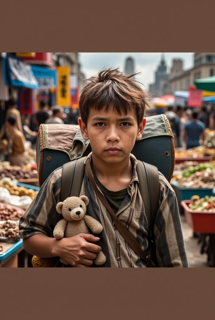 A 10 year old child is extremely scared, looks shocked, carries a cat, runs away from a dog, the dog chases him in the middle of the market, rim light, films noises, style raw