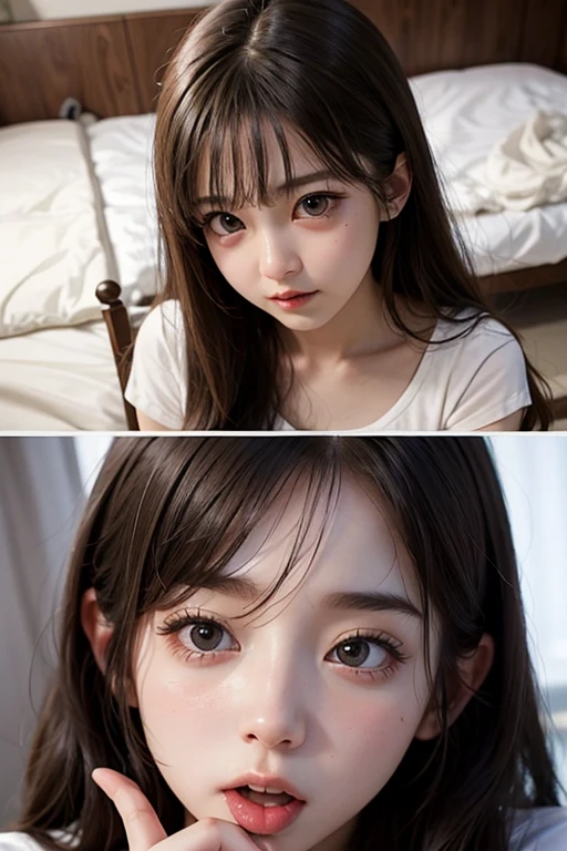 On the bed、Close-up photo of a beautiful naked woman、Black Hair、bangs、Place two images, up and down