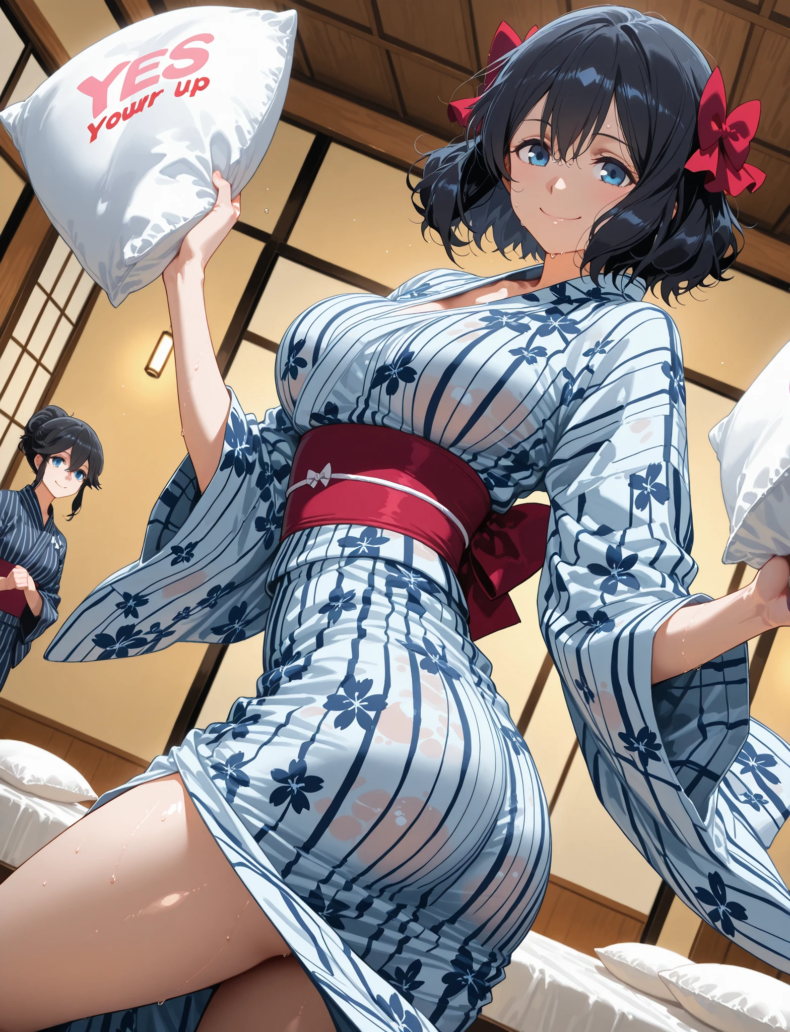 score_9, score_8_up, score_7_up, source_anime, 4K,perfect fingers,(perfect hands, perfect anatomy),prefect lighting, very aesthetic, intricate details,highly detailed background, masterpiece, high quality, best quality, 
tino shade, short hair, blue eyes, black hair, bow, hair bow, red bow, Large Breast,
wearing ((yukata, disheveled clothes,  )),
Japanese inn, 2 sets of futons, sweat, smile, twisted torso, pillow fight, YES/NO pillow, Cover your chest with your arms, Dutch angle, 
