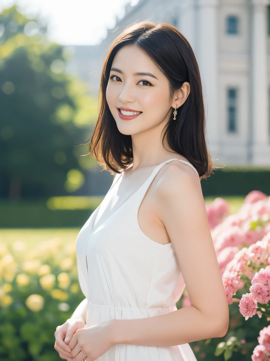 1girl,(RAW photo, best quality), (realistic, photo-realistic:1.4), masterpiece, an extremely delicate and beautiful, extremely detailed, 2k wallpaper, Amazing, finely detail, extremely detailed CG unity 8k wallpaper, ultra-detailed, highres, soft light, beautiful detailed girl, extremely detailed eyes and face, beautiful detailed nose, beautiful detailed eyes,cinematic lighting,perfect anatomy,slender body,
wearing a white halter neck dress,white skirt,full body,(bokeh),smiling
at a flower park,sakura flowers,flower garden,