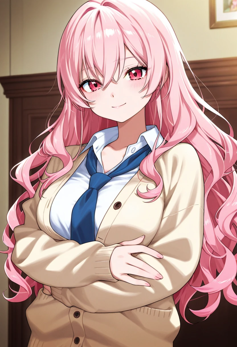 masterpiece, (best quality), 1woman,1girl ,charlotte_hazelrink, pink hair, long hair, very long hair, blue eyes,purple eyes, brown_jacket,White collared shirt, Green_pleated_skirt,school uniform, red ribbon , large breasts,,sexy woman, embarrassed,blush, armpits,arm up,NSFW,vibrant colors ,,natural lighting ,RTX, , beautiful, (detailed face:1.2), showcase, (perfect eyes:1.1) ,(photorealistic:1.1), 8k uhd, looking at viewer, bedroom, indoors,(perfect hands, perfect anatomy),