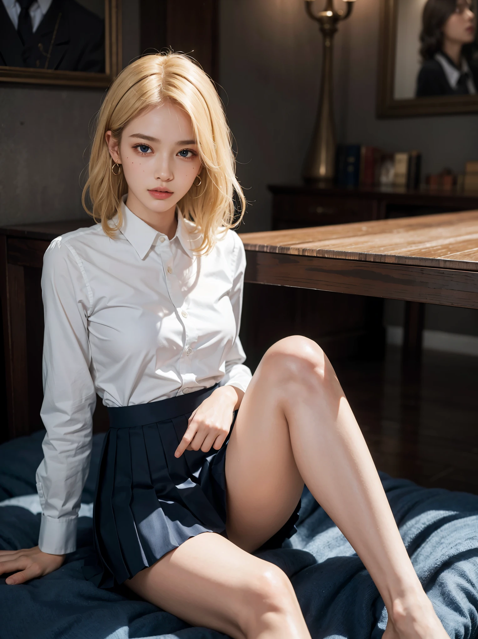 (8K, top-quality, masterpiece:1,2), (reallistic, Photorealsitic:1.37), Super Detail, One girl,), (Highly detailed), (beautifully detailed eyes), (of the highest quality), (super detailed ), (masterpiece), (Detailed face),20yr old, ,1 girl, full body, yellow blue hair, bob hair, medium breasts, clothed, Perfect Lighting, pussy and breast focus, looking at viewer, aroused face, naughty face, office lady uniform，Office wear，white stockings，Outdoor scene，Sit Pose，