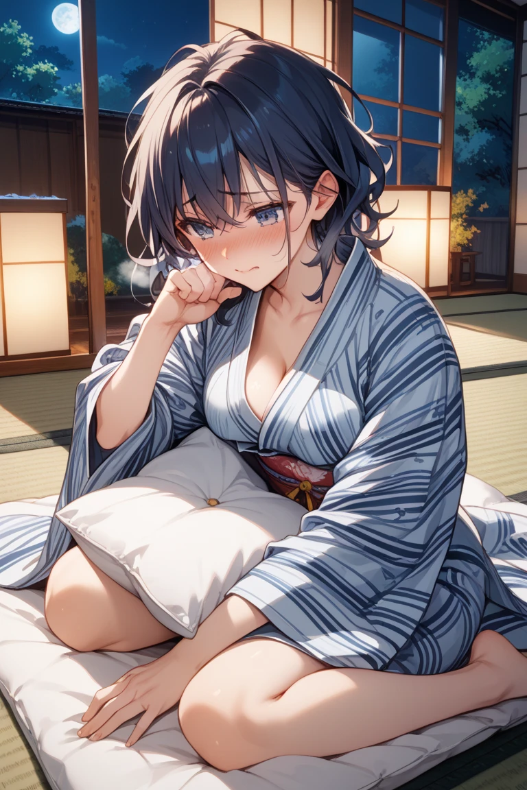 ((masterpiece:1.2, best quality)), 1milf, solo, (yukata, seduce), black hair, short hair, traditional house, lying, off-shoulder