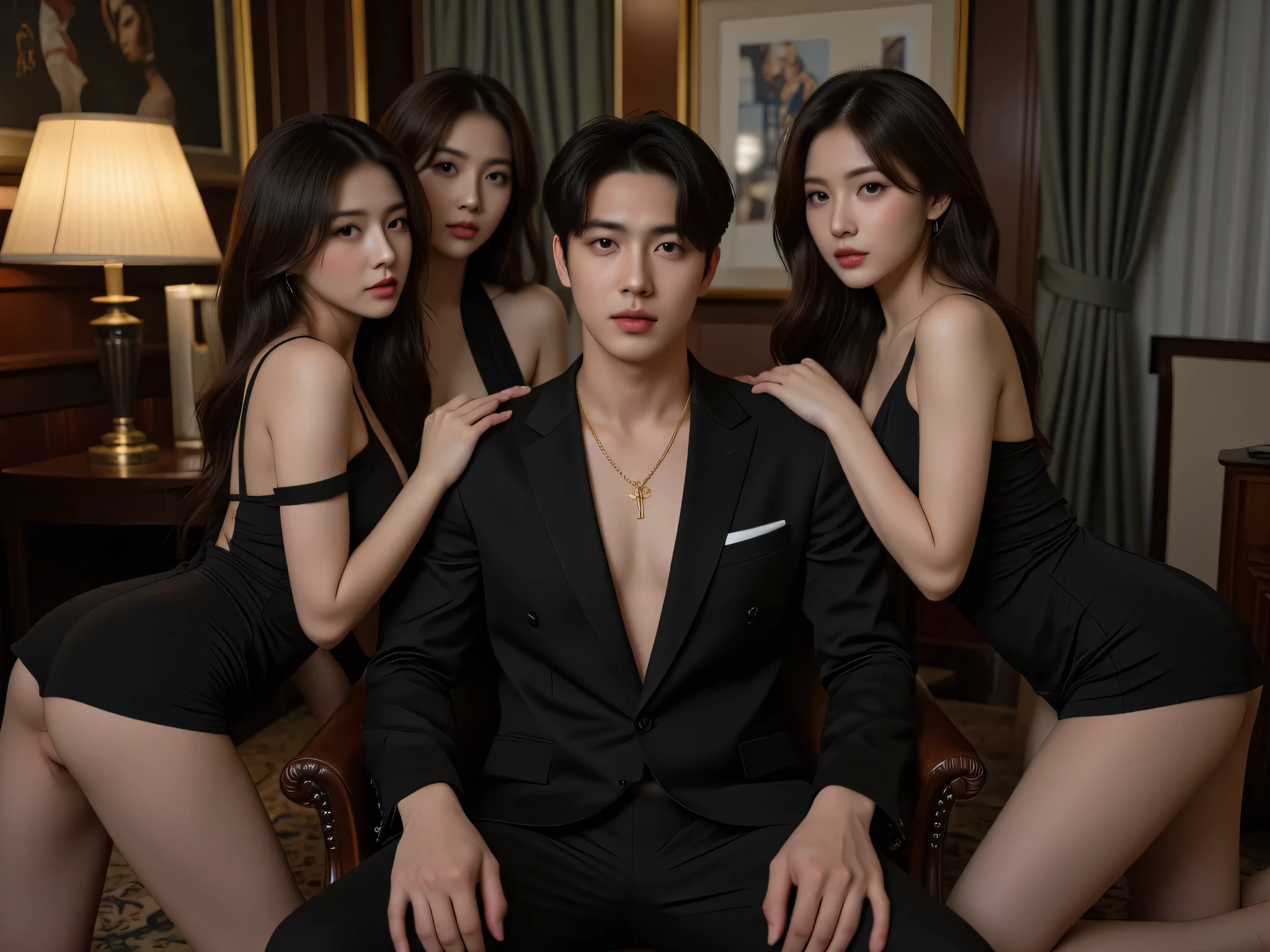 Young Korean man, wearing a black suit, wearing a gold necklace, sitting on a red sofa accompanied by 3 women wearing sexy black dresses, the background is an office.