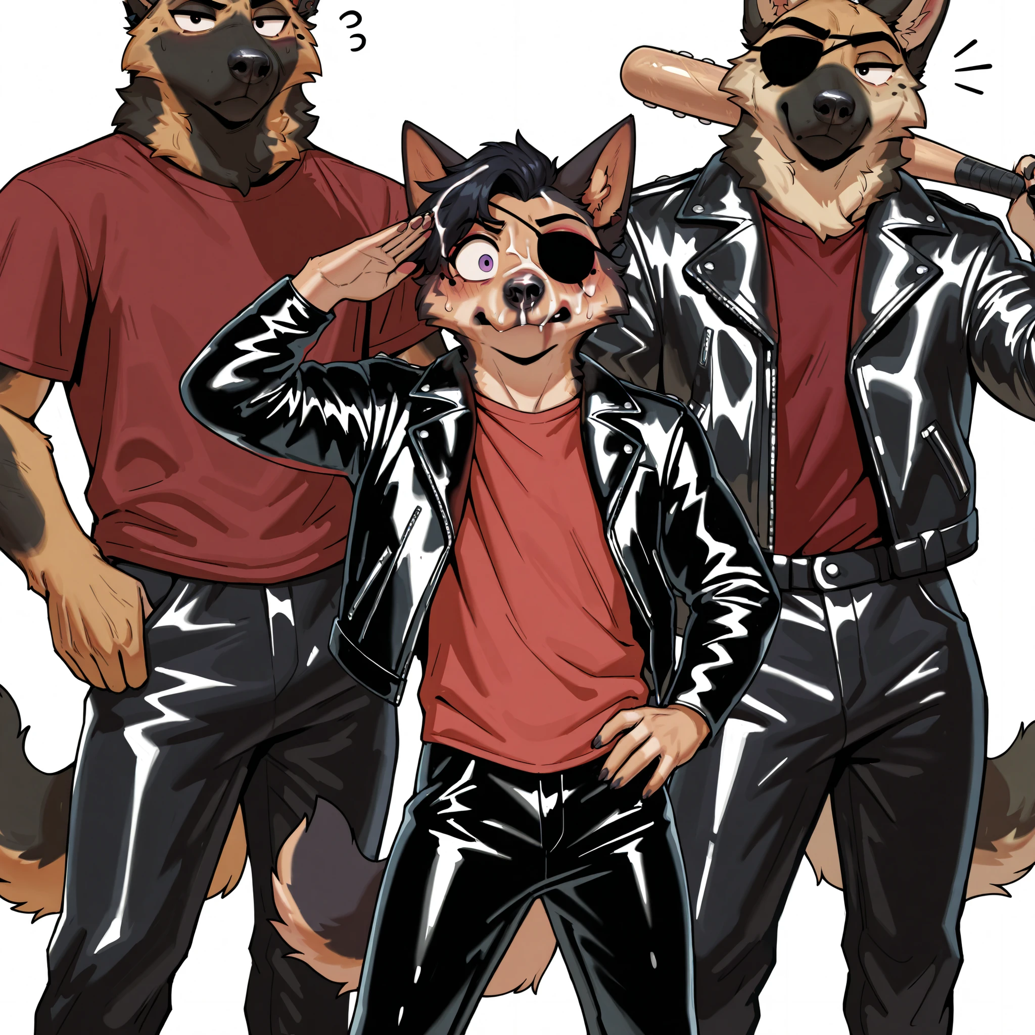 (upload on e621), anthro furry male,german shepherd with black hair, (wearing left-eye leather eyepatch), (ethnicity:1.0), young, (detailed clothing:1.2), (accessories:1.1), (pose:1.2), (expression:1.1), center of frame, facing viewer, holding baseball bat across back, (detailed facial features:1.3), (detailed leather jacket:1.2), (red shirt:1.1), (black pants:1.1), determined expression, simple background, photorealistic rendering, strong contrast, saturated colors. (by meesh)