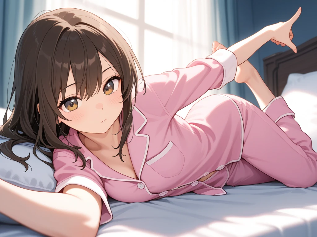 young woman with big breasts and cleavage, good body, short brown hair, lying on bed with pajamas in her room, lofi style