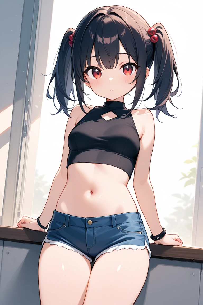 Anime style , young girl , black hair, smug expression ,provocante ,morena, dark skin , top curto , flat chest , very short shorts , micro shorts, sexy . Diabinha.