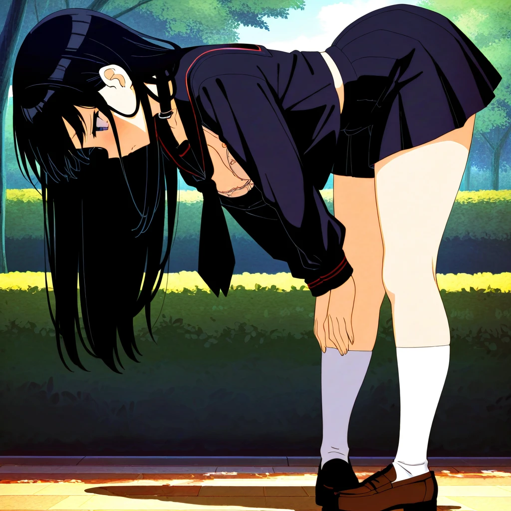 Kyoko,score_9,score_8_superior,score_7_superior,sauce_anime,One girl,alone,View your viewers,in the forest,Pink Sweater,White collared shirt,length_skirt,blue skirt,Lying down、Cum on crotch、Panties、