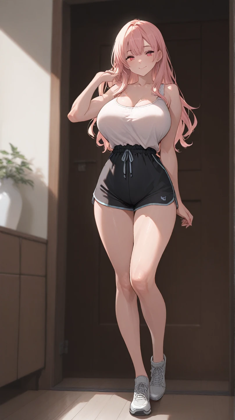 Beautiful girl, red hair, green eyes, cute face, big attractive breasts, pink bra and panties, sexy hips, feminine waist, 3D-rendering, hyper-detailing, hyper-realism
