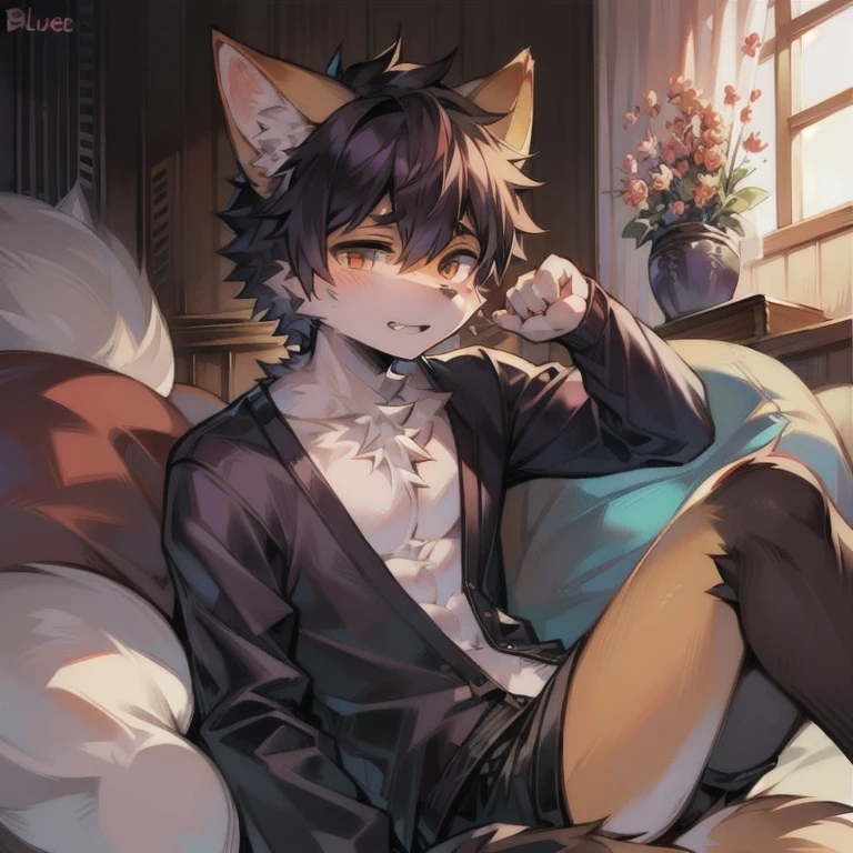 A black cat, furry, furry boy, 8 years old, 5 year old black cat, shota furry boy, whit yellow eyes, yellow eyes, swimsuit, no shirt, black cat furry boy, shota