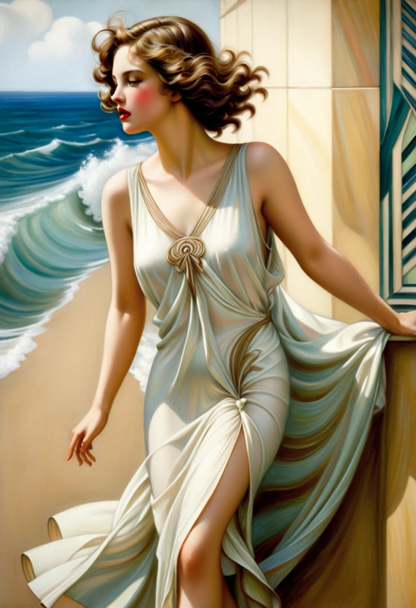 (masterpiece oil painting), 1 young thin woman, заmountainsает на солнце (in a chic hat:1.4), nude, no panties, she (lying on a sun lounger:1.4), thin and slender, a beautiful transparent peignoir is thrown over the shoulders (stretched in the middle:1.4), (show your pussy:1.9) one leg is bent at the knee and the knee is moved to the side, (pussy pubic hair visible:1.9), Smile on his face, ethereal and beautiful Hugo Boss model from the 1940s.., Beautiful painting with a very detailed face by Alphonse Mucha.., Craig Mullins, Greg Rutkowski, Magali Villanueva, (The most beautiful picture), the whole body is visible from the knees and above, sexy pose, ideal body shape, (I look at her from the floor:1.3), on the balcony against the backdrop of the beautiful seashore, mountains