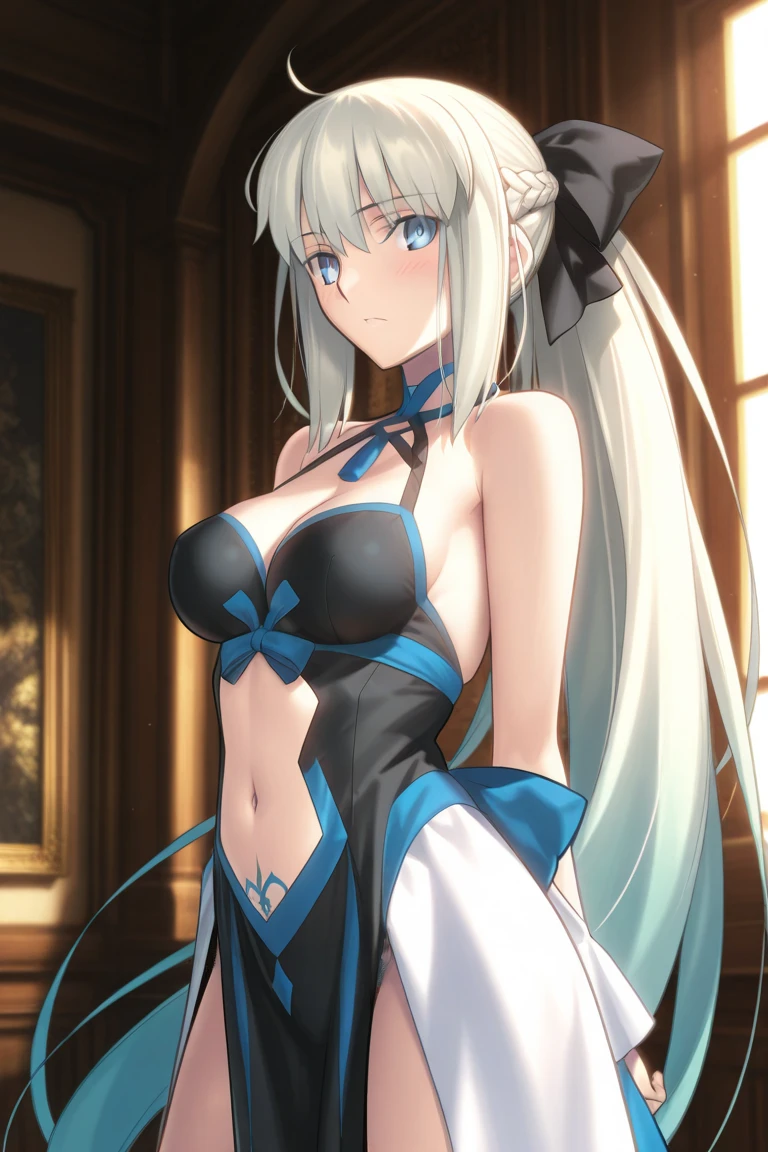 Masterpiece, Best quality,1girll, Breasts, Solo, Blue eyes, Morgan Le Fay (fate), Long hair, bow, view the viewer, Two-tone dresses, Hair accessories hair bye, pony tails, upper legs, Very long hair, dress, Black bow, Large breasts, Wide sleeves, Braid, Black dress, cleavage, bangs, Long sleeves,(kbxll:0.6)