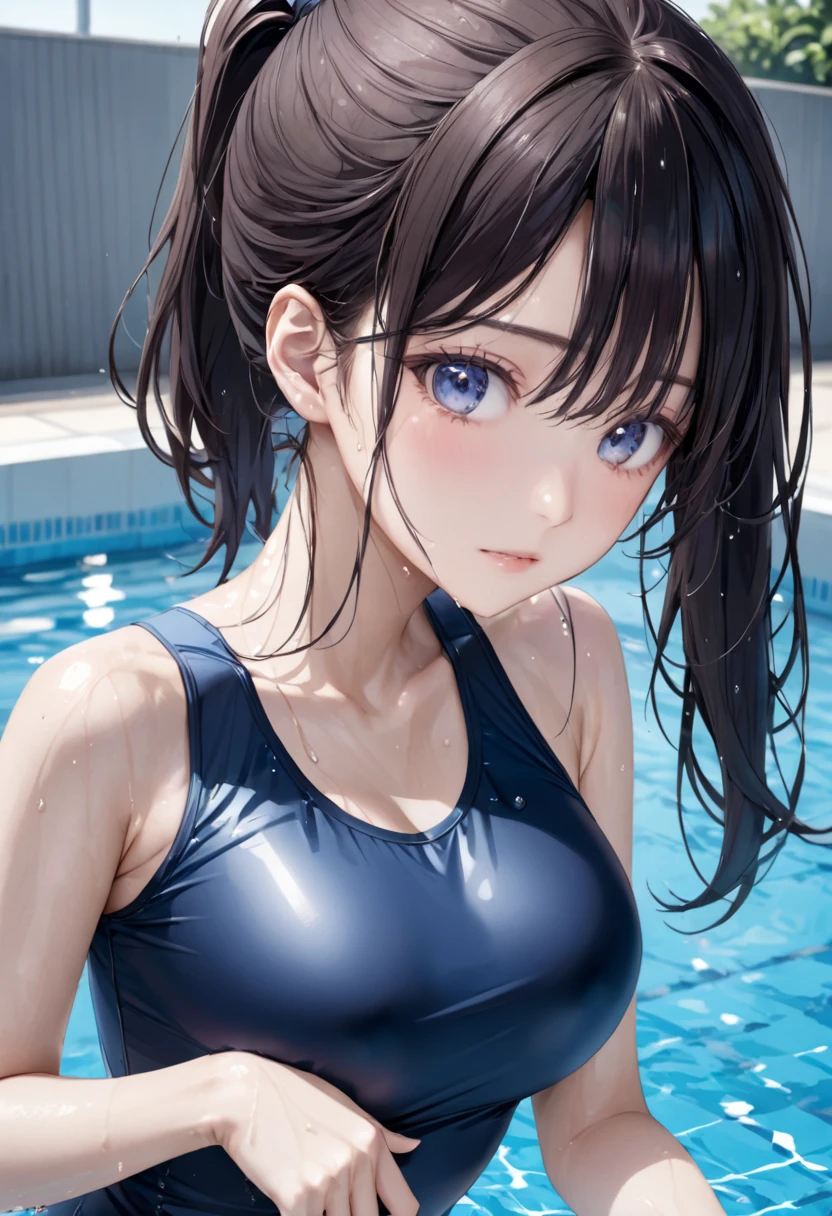 ((masterpiece,best quality,ultra detailed,high resolution)),(daytime,clear weather,bloom),((solo,cowboy shot)),(beautiful-woman),(black hair,straight hair,medium hair),(beautiful detailed face,beautiful detailed eyes,fair skin),light smile,(competition swimsuit,navy swimsuit),on the pool,squatting,