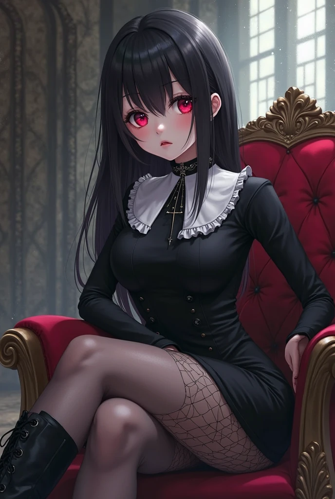 1 girl、Detailed facial details，16 years old，Handcuffs，Collar，Cat ear，Black long hair,Red lips，Slim，Dressed in black bunny girl，Black garter stockings，Large Breasts，Charming red eye，Handcuffs，collar，Radiant Skin，Book in hand，study，Sitting on the sofa