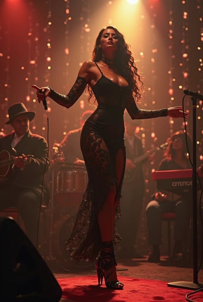 （realitic），young Camila Cabello，normal and beautiful face,fashion show，solo performance，full body photo
