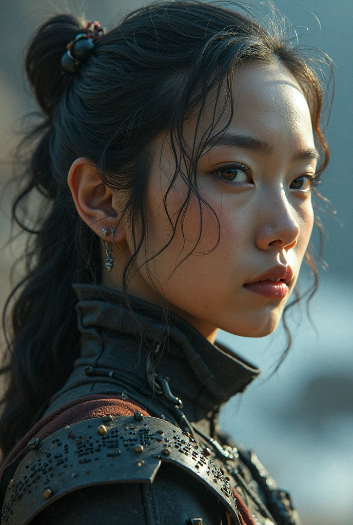 4m4nd4s-v2 Real photos of beauties, (photorealistic:1.4), Realistic, straight face, 1 powerful female warrior, wearing heavy Iron armor, beautiful sedutive face, muddy facial, Tie your hair back, realistic details face, eyes, lips, foggy