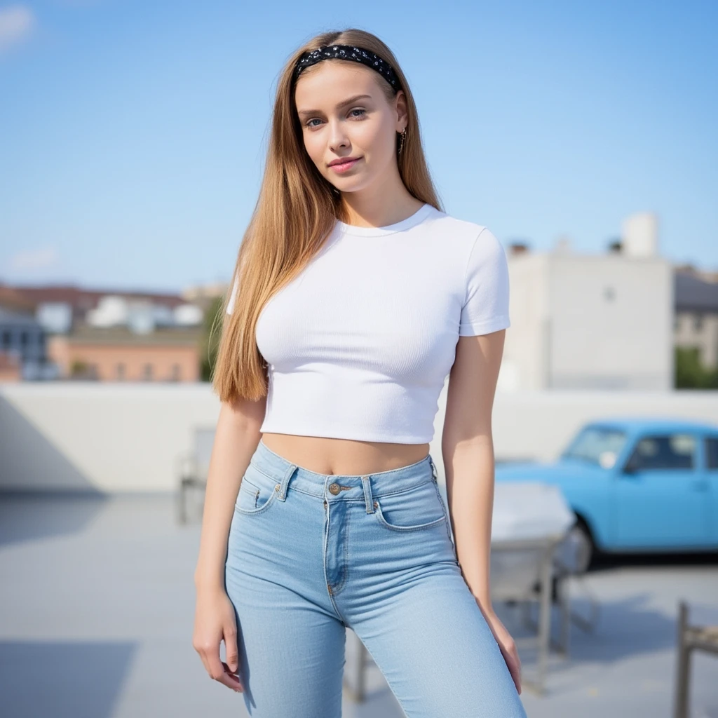(Masterpiece, best quality, award winning, photorealistic, fashion photography, portrait shot), standing pose, 1 gorgeous young blonde cute girl, slender appearance, attractive slim body, cleavage, messy hair, delicate beautiful face, (wearing (mini Crop tops, mini pencil skirts)), outdoor, bridge rail, river