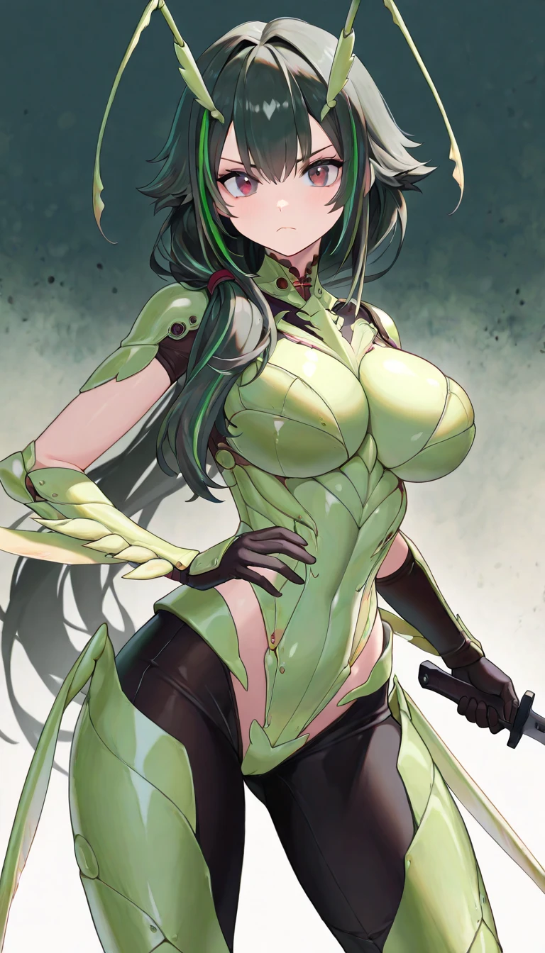 ((1 cyborg woman, a bionic arm,((gigantic breasts, naked breasts, naked pussy, erect breasts, grabbing breasts)),((green hair)),((1 red eye and 1 black eye, desperate face)) ,((standing in a haunted forest, at night)),