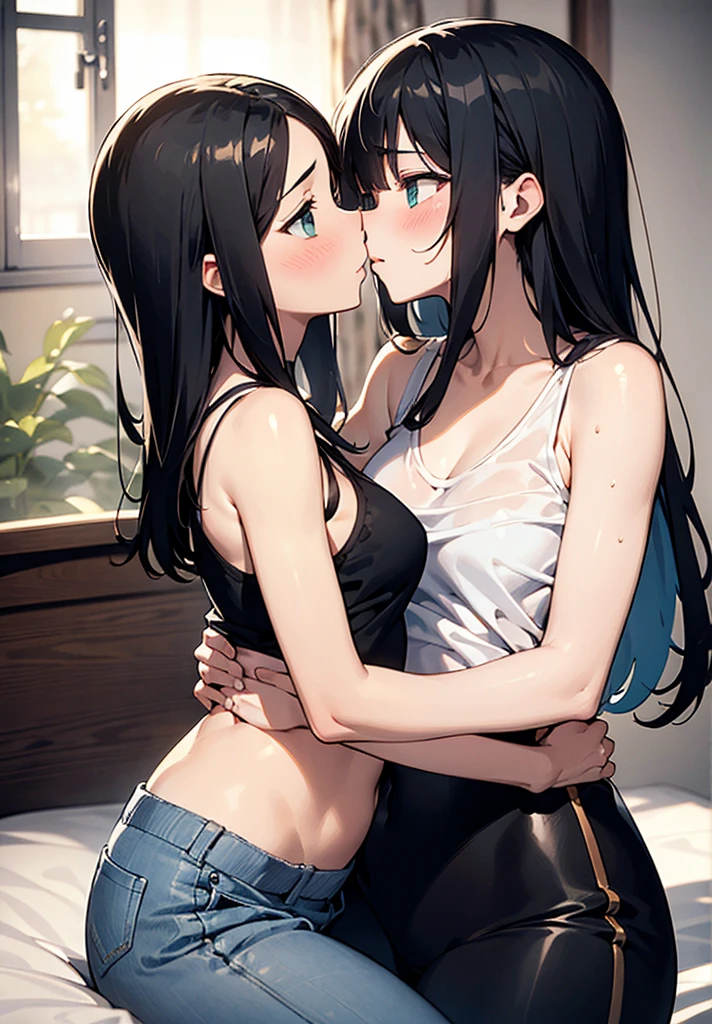 1 Asian woman, long wavy dark brown hair, gray eyes, beauty mark on her left cheek, fair skin, full pink lips, slim curvy body, wearing plain white dress shirt, denim shorts, 1 Mexican man, textured men's hair cut and low drop fade, dark brown striking eyes, beauty mark under his right eye, very light tan skin, athletic muscular lean body, wearing plain black shirt, denim jeans, city, absurdres, high res, ultrasharp, 8k, masterpiece, looking into each others eyes while in a loving embrace