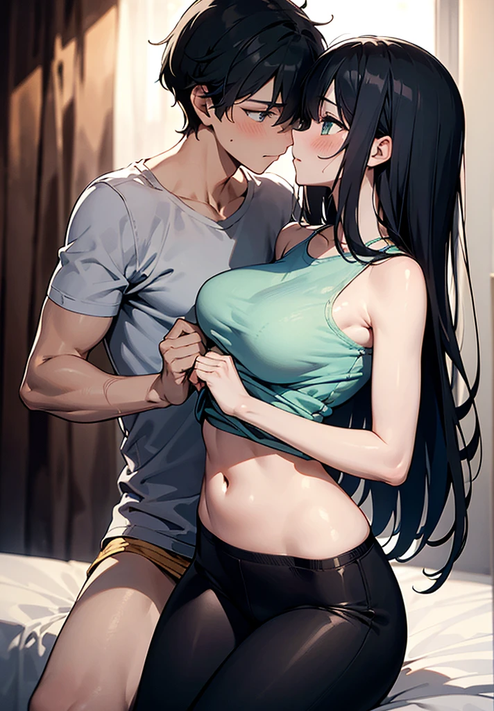 A 25 year old hot, sexy beautiful girl and a boy is doing romance the boy is wear black shirt and white pant and the girl is wear a sexy black leather short shirt and short pant and long stocking