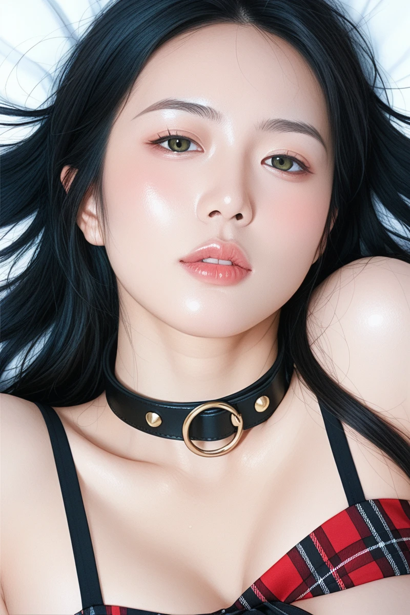 Create a photo realistic hyper realistic young japanese girl, beautiful perfect face, vibrant eyes, thin curved eyebrows, long luscious eyelashes, black eyeliner, eye shadow, curved lips, natural lipstick,makeup, long luscious hair, black lace choker collar, sexy curved body, large breast, see-through lace, black thong, fullbody view,