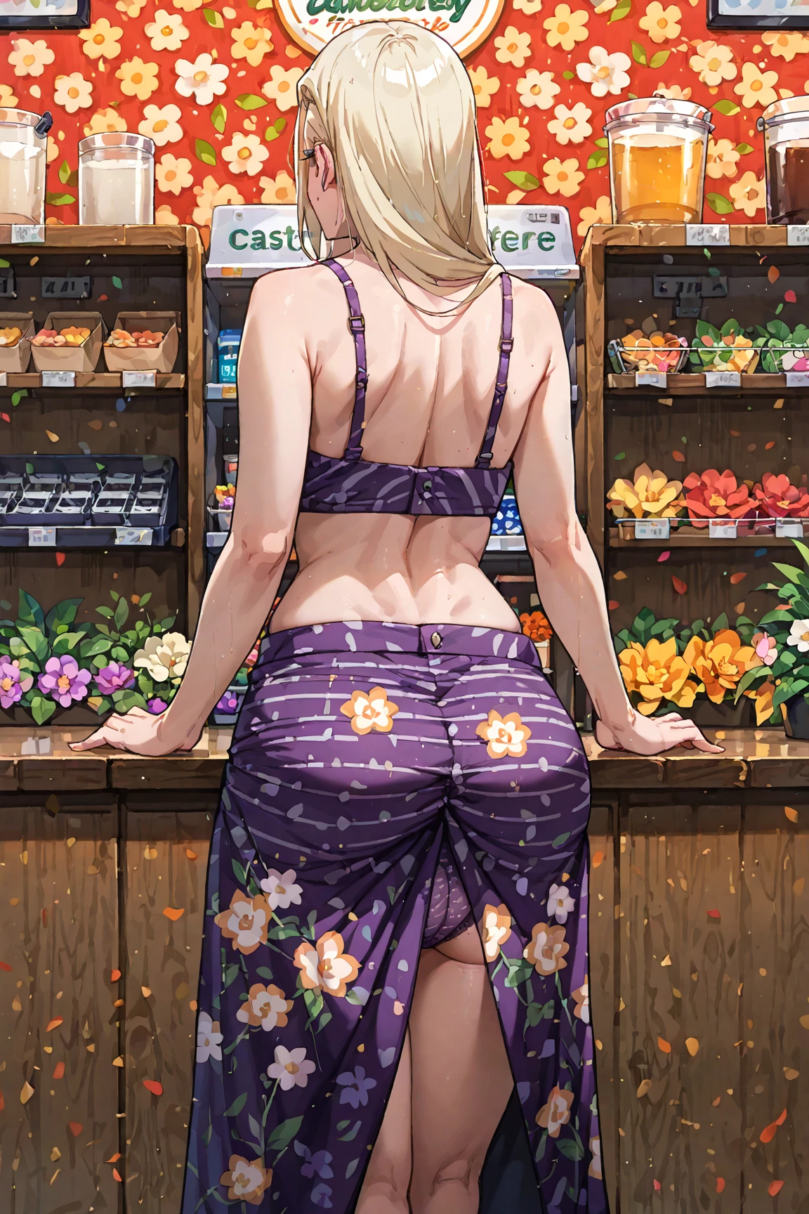 beautiful, (linework:1.1), <lora:detail_slider_v4:1.0>,
<lora:GoodHands-vanilla:0.8>,
1 girl, adult woman, silver eyes, yellow updo hairstyle, bangs,
solo, from side, from behind,
walking, turning around, smiling, flirty, (elegant, fashionable:1.1), round colored glasses,
<lora:SideBoobaDogu:0.8>, (sideboob:1.1),
side-slit skirt, (big ass:1.1), pink loose cropped top, pantyhose,
grocery store in background, nighttime,
high contrast, bokeh, depth of field,
(art deco, 1920s:1.1),