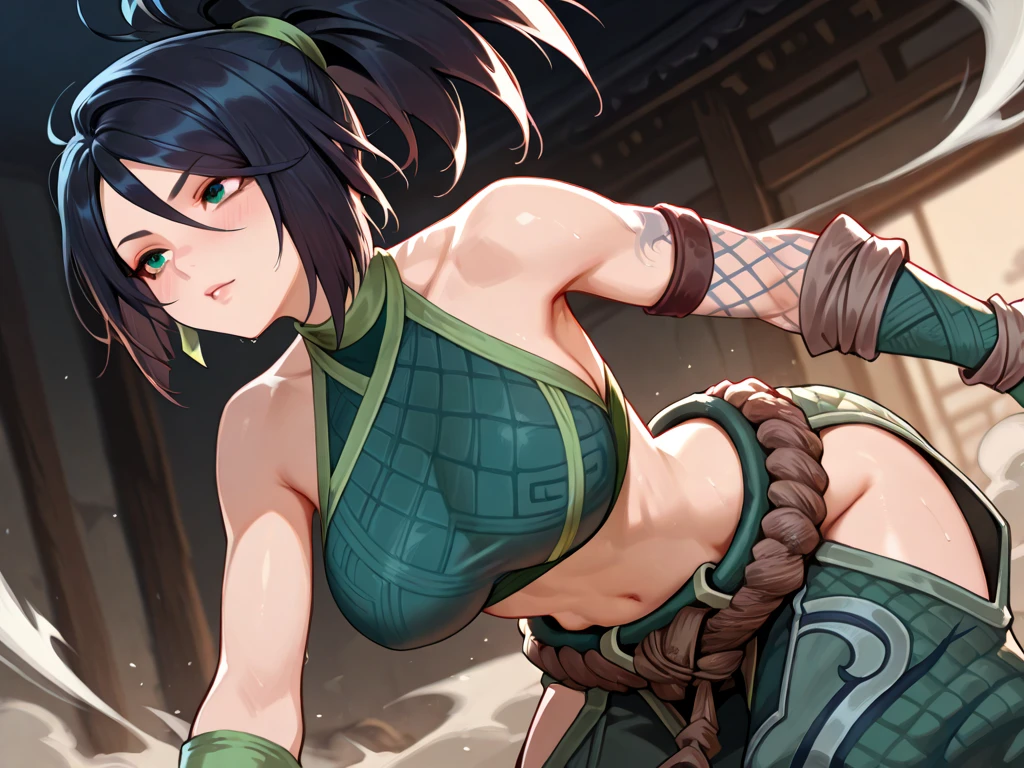 heaven, campo, grama, akali, olhando para o espectador, league of legends, highres, 1girl, abdominais, arm tattoo, franja, blusa, seios, camisa verde, cabelo entre os olhos, hip vent, franja longa, cabelo longo, WMASK, midriff, ninja, rabo de cavalo, cinto de corda, bolsa de cinto, camisa, solo, stomach tattoo, tatuagem, flashing boobs