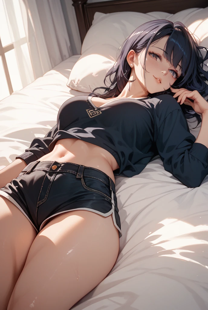 masterpiece、Highest quality、Highest quality、Accurate the human body、Accurate、Elaborate、masterpiece、Every detail of the face、Jerosijuukara, Dark Skin, Woman with dark skin, Side Ponytail, hair ornaments, Hair Clip, White shirt, Bra visible through clothes, Chest pocket, Black choker, Blue tie, Purple scrunchie, bracelet, Blue pleated mini skirt, Thigh straps, Detailed Background, whole body, Detailed Background, Leaning forward, alone,Big cleavage、(Super large 、Sweat vapor:1.5、Oily skin:1.3)、((Pink lighting:1.5, dim:1.5、Love hotel bed:1.5))、Lying in bed、((Many words:1.6、Pant voice:1.8, Pink voice characters、Sexy voice:1.5, Many heartfelt voices:1.6))、Sexy and cute pose、Exclamation mark, Moaning, Many Hearts,Voice of the Heart, Comic Strip, (Moving lines, Motion Blur)、Lots of heart bubbles, 、Mesugaki Smiles:1.3 、The beauty of the eight-headed、Mature adult woman、Emotional :1.3、On the bed、、Absolutely safe、Small face、Beautiful Girlfriend、(Bodycon:1.5),