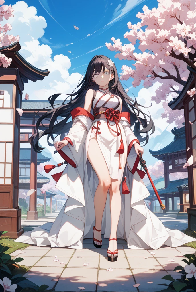 ((masterpiece,best quality)),outdoor, Red Torii, Tree,  stairs,, 2 girls, Shrine maiden,Shrine maiden, looking at the audience, look back,, Red Legwear, red Ribbon, Black Hair,樱flower, sky, flower, Hair Bun, hair Ribbon, Japanese clothes, kimono, long hair, Cat ears, small flowers，, Multiple girls,  Red Eyes, Red hair, Ribbon, sandals, single Hair Bun, permanent,clog sandals,white kimono, Yellow eyes,火flower,High Leg Raise,