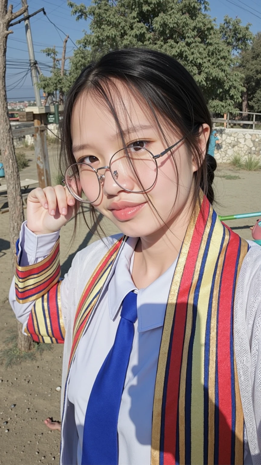 solo focus, delicate, masterpiece, 4k high resolution, beautiful detailed, colourful, finely detailed,detailed eyes, sfw,
model shot, professional lighting,
<lora:public_v1.0:1> public, photographer, phone screen, camera,
in the afternoon, outdoor in a school yard,
((1girl, solo)), standing, smile, curious look, young pretty slender, long black hair tied single ponytail, <lora:chinaRepublicanPeriod_10:0.8> blue shirt, black skirt, <lora:xiaoding:0.4>
<lora:circle-glasses_v1.1:0.8> circle-glasses