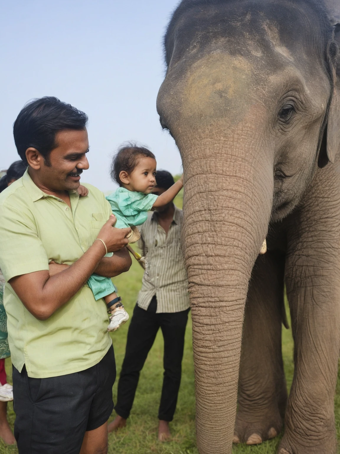 High quality photograph of a elephant baby drinking water from the hands of a 5-year-old girl