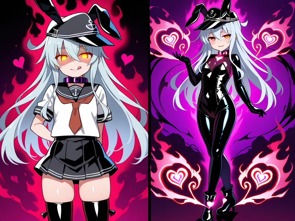 "In an anime-style scene, the 17-year-old pink-haired girl and her succubus counterpart stand side by side, showcasing their contrasting personalities. The pink-haired girl, dressed in her sleek, form-fitting blazer-style school uniform with thigh-high socks, stands with a slight blush on her cheeks, her blue eyes sparkling with a happy, almost bashful expression. She clasps her hands together in front of her, radiating a sweet and innocent charm.
Next to her, the white-haired succubus exudes cool confidence, wearing a revealing bikini, thigh-high boots, and long gloves that highlight her seductive figure. Her red eyes are calm and collected, her expression a mix of sultry allure and self-assured poise. Her bat wings and devil tail add a touch of danger to her look, but she stands relaxed, as if knowing she holds all the power.
The two characters contrast sharply-one innocent any ppy, the other cool and dangerously anuring-but they share a unique bond, standing together in harmony despite their differences. The background is midnight black as they full moon rises behind them"