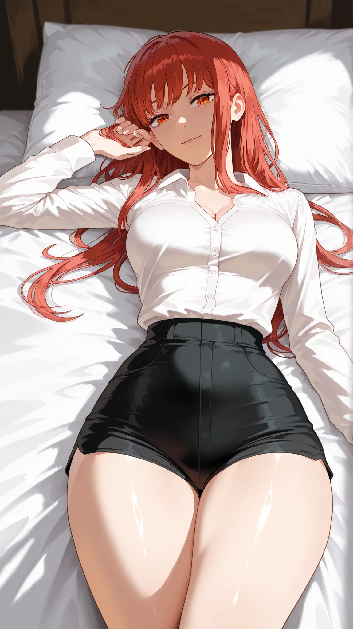 1girl, anime girl, anime, (dark skin), stylish girl, 2d girl, 18y, (fullbody), in bed, anime girl, seductive smile, (orange hair), ((white blouse)), (((white panties))), (((see-trough panties))), Solo, Slim, Big Breasts, sitting on the bed, night background through the window, looking at viewer, (((spread legs))), (((Wedgie))), (((absurdres))), (((cameltoe))),
