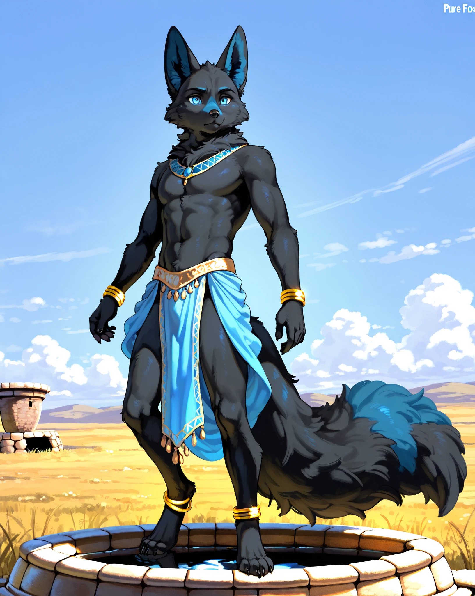 ultra-detailed, masterpiece, masterwork, high quality, best quality, hdr, (nature, pyramid, sand), posted on e621, (by hioshiru), nsfw, male, solo, (little body anubis), canine, (yellow eyes), standing, dynamic angle, ((micropenis, foreskin, perfect balls))