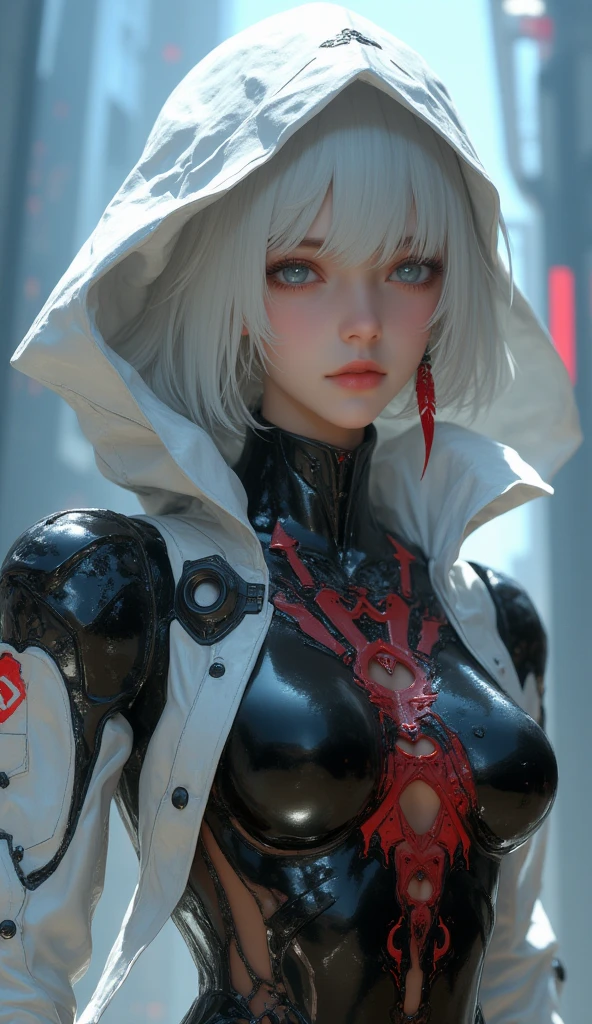 Top Quality, Masterpiece, Ultra High Resolution, (Photorealistic: 1.4), Raw Photo, 1 Girl, White Hair, Glossy Skin, 1 Mechanical Girl, (Ultra Realistic Details)), Portrait, Global Illumination, Shadows, Octane Rendering, 8K, Ultra Sharp, Big, Cleavage Exposed Raw Skin, Metal, Intricate Ornament Details, Cold Color, Egyptian details, very intricate details, realistic light, CGSoation trend, purple eyes, glowing eyes, facing the camera, neon details, mechanical limbs, blood vessels connected to tubes, mechanical vertebrae attached to the back, mechanical cervical attachment to the neck, sitting, wires and cables connecting to the head, evangelion, small LED lamp,