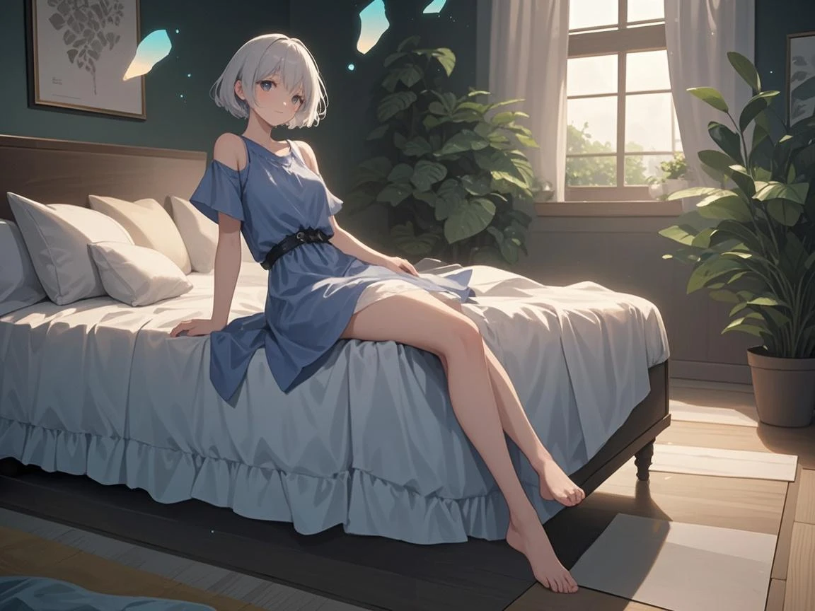 Full body bedroom,onbed,Girl with short white hair spreads her legs in dimly lit bedroom,white stockings,Cover your mouth with your hands,Messy hair,Long hair scattered on the bed,Juice,unwear,saliva